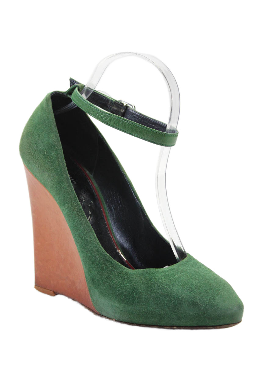 Celine Womens Suede Green Ankle Strap Platform Wedge Heels Shoes Size 6.5 LL19LLFree Shipping in US $100+ Orders | $6.95 Orders Below