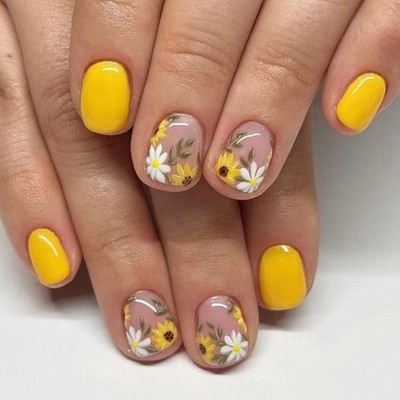 24pcs Sunflower Style On Nail Short Square Artificial Press On False Nail
