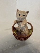 Vintage Collectors Paw Prints White Kitten/Cat in Basket Wool Figurine Ornament