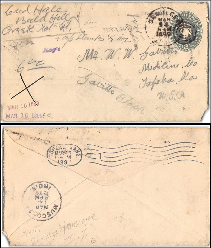 Okmulgee I.T. to Topeka KS, back stamped Mus'c'ogee I.T., 1899