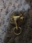 Unmarked Vintage Costume Jewelry Gold Tone Pin Brooch Cat Fox with Red Eyes
