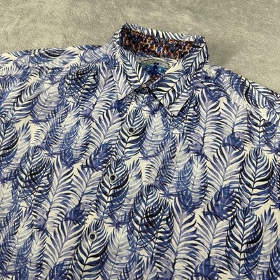 Robert Graham Shirt Mens Small Blue Leaf Print Classic Fit Short Sleeve Cotton