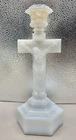 Vintage Opaline White Milk Glass Candle Holder - Jesus on the Cross - Repaired