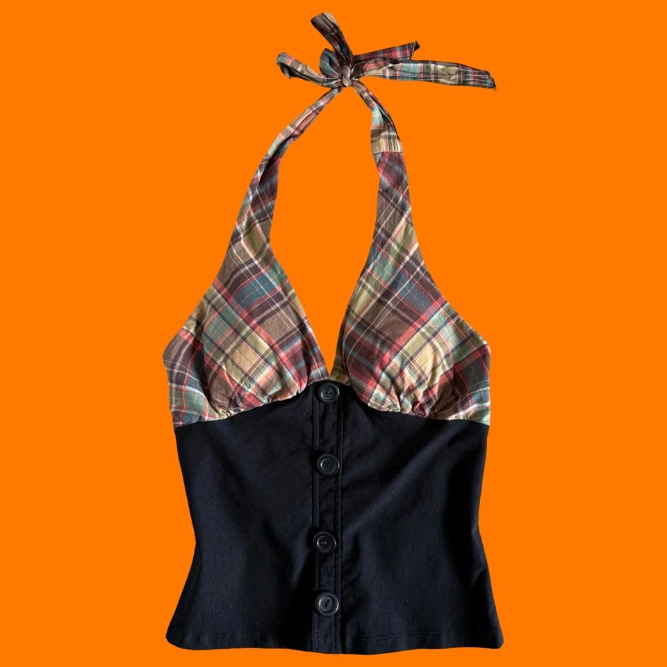 Camiseta sin mangas vintage años 00 estampado a cuadros imitación botón bodycon y2k halter XS PEQUEÑA Foto 2 de 4