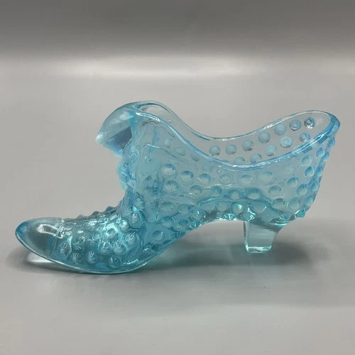 Vintage Fenton Glass Shoe Slipper Hobnail Blue Turquoise Opalescent Cat Head