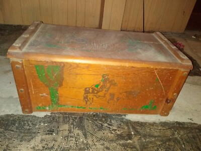 Vtg Wood Toy Chest Child Box Cowboy Bucking Bronco Western Braided  Handles Whe