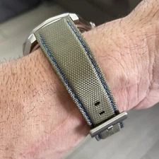 22mm OLIVE GREEN Sailcloth Canvas/Leather watch band strap BLUE Stitch QR Bars