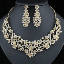 Plum Blossom Austrian Rhinestones Crystal Necklace Earrings Set Bridal Prom N925