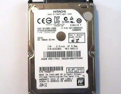 Hitachi HTS541010A9E682 0J31063 DA5113 Thailand 2.5'' 1TB 2.5'' Sata HDD JUN-12