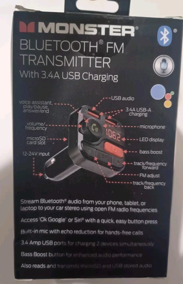 Monster Bluetooth FM Transmitter with 3.4 Amp USB Charging Ports Factory Sealed - Image 2 of 4