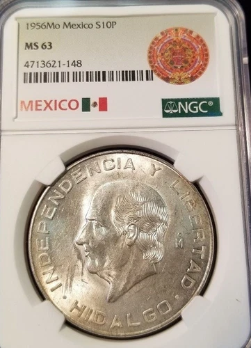 1956 MEXICO SILVER 10 PESOS S10P HIDALGO NGC MS 63 BRIGHT LUSTER GREAT LOOKING