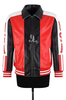 Herren USA amerikanische Flagge 90er Jahre Bomber Vintage Lederjacke Motorrad Stil Jacke