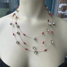 VTG Charming Charlie Necklace Wire Choker Red Beads Rhinestones Gold Tone 20"