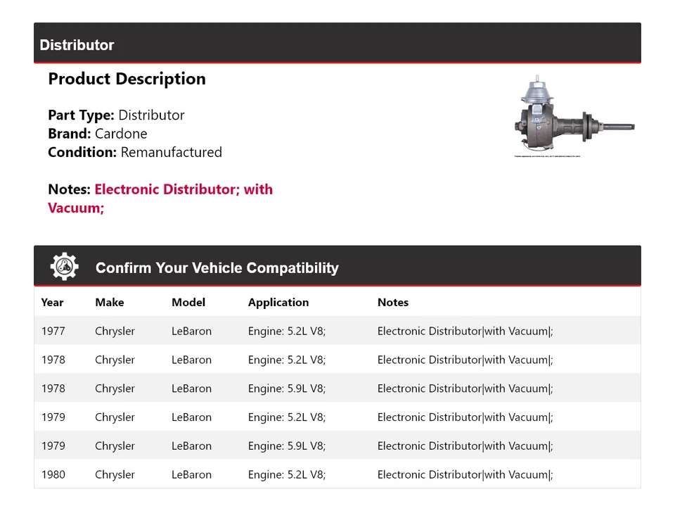 Para Chrysler LeBaron 1977-1980 Distribuidor Cardone 1978 1979 Foto 2 de 4