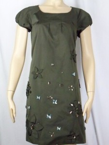 Size 12 DKNY Green Brown Dress 3-D Floral Pockets Knee Artsy Embellished | eBay