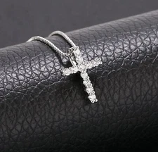 Dainty White Gold Dipped Cubic Zirconia CZ Mini Cross Shape Pendant Necklace