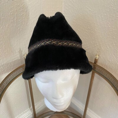Vintage 60s Medium Black Faux Fur Fedora Cossack Hat Feather  display picture 1
