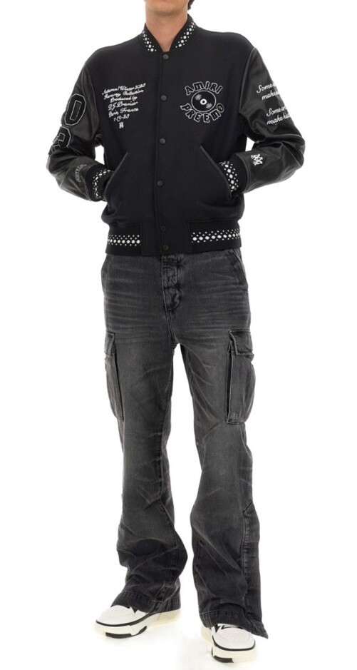 $995 Amiri M65 Grey Black Denim Snap Flare Leg Cargo Pocket Jeans
