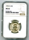1953 S 25C WASHINGTON SILVER UNCIRCULATED QUARTER - NGC MS65 COIN
