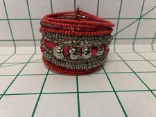 Red/silver Beaded Cuff Bracelet Costume Jewelry Bellydance Casual