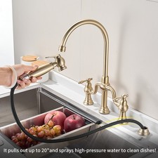 Centerset Bridge Kitchen Sink Faucet with Brass Side Sprayer 2 Handles 4 Holes