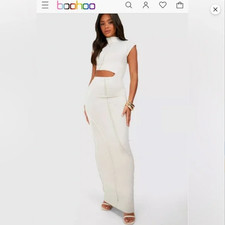 NEW Boohoo Exposed Seam Cut Out Maxi Dress size 4 Bodycon Long Ivory Sleeveless