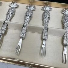 Set 6 Vintage Silver Plated Pineapple Oyster Appetizer Fork Janis Collection 4"