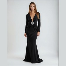 Amara -Crystal Embellished Long Black Deep V Neck Maxi Dress Gown In Sizes S- XL