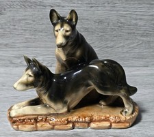 Vintage 70s Marutomo Ware Japan, German Shepards Dogs Glossy Porcelain Figurine 