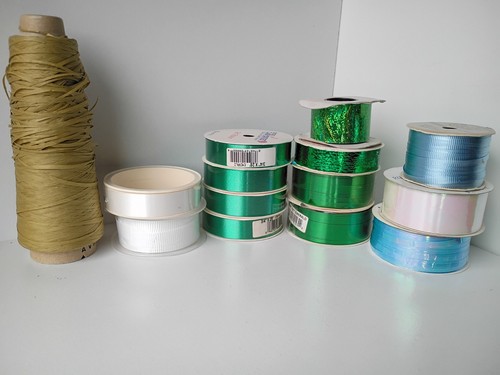 Gift Wrapping Ribbon Lot - New & Used - Green, White, Blue