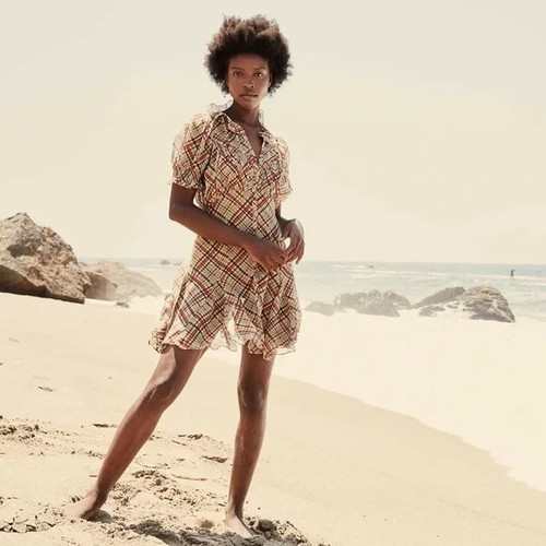 Doen Femmes Mira Soie Tomate Emmeline Plaid Imprimé Ruche à Smocks Mini Robe S - Photo 2 sur 17