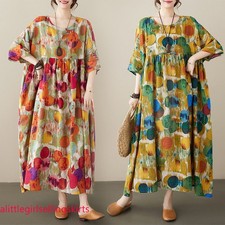 Womens Bohemian Long Dress Round Neck Short Sleeve Printed Maxi Dress Robe Gown