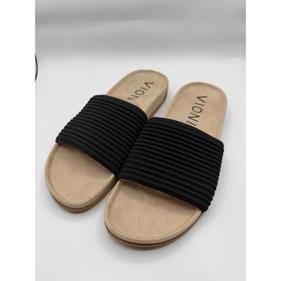Vionic Evie Knit Slide Sandals Womens 12 Black Tan Orthopedic Comfort  NEW