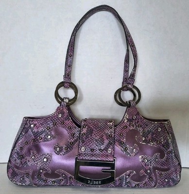 Vintage GUESS Bag Y2K Faux Reptile Rhinestone Purple Purse Shoulder Handbag FLAW