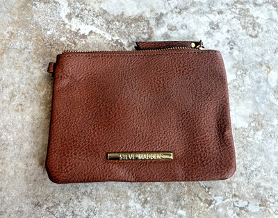 Steve Madden Brown Faux Leather Zip Pouch / Clutch Purse, Perfect Condition