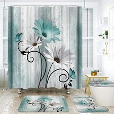 Onalasyc 4PCS Teal Daisy Floral Bathroom Sets with Shower Curtain and Rugs