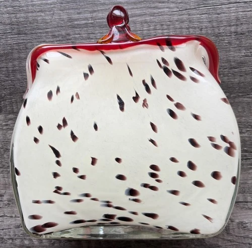 Murano Style Hand-Blown Glass Purse White Frit & Red Speckles And A Red Rim