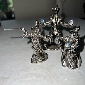 Lot of 3 Vtg Pewter Or POT Metal Castles-Wizard Figures w/Crystals