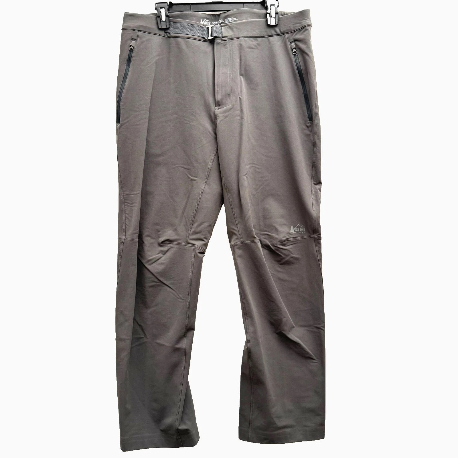 REI Mens 36x30 Regular Fit Gray Activator Soft Shell Hiking Outdoor Belted Pants