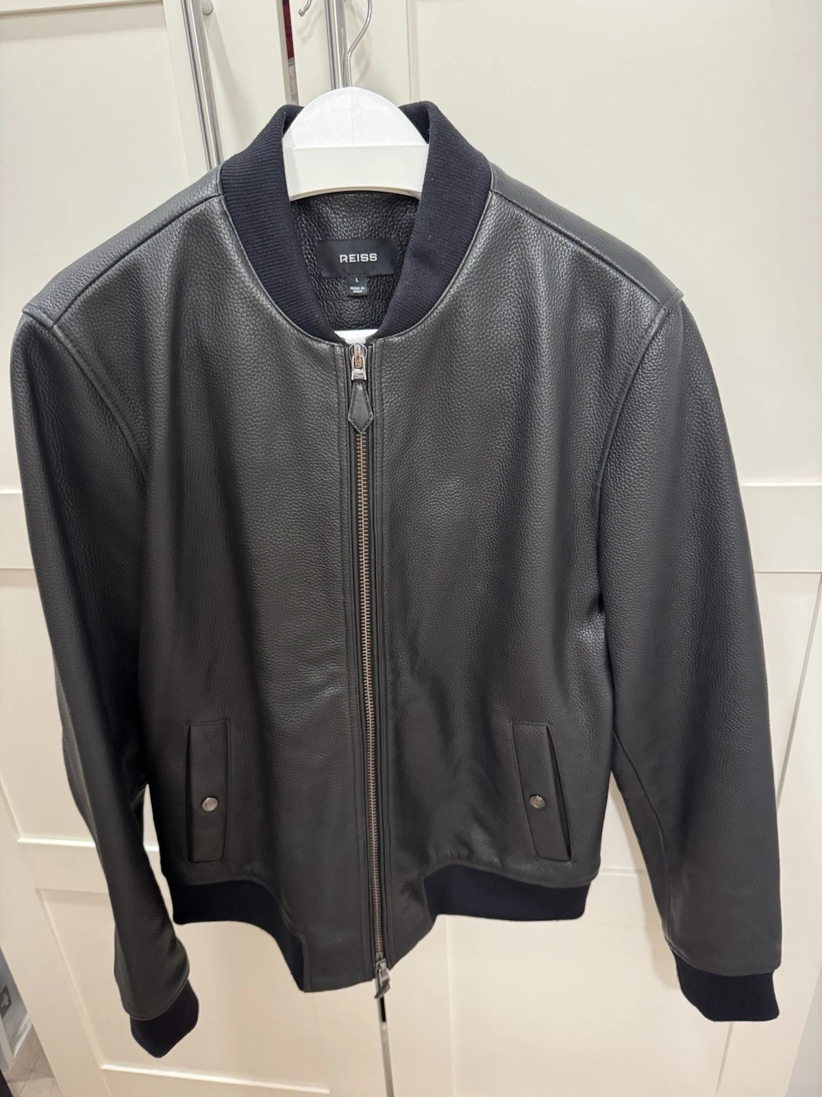 REISS Men's Black Leather Bomber Jacket Size L image 1