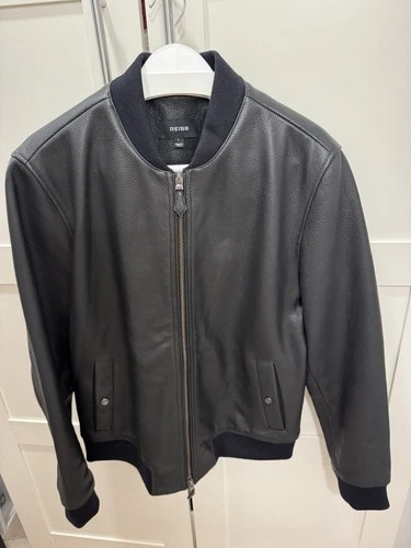 REISS Men's Black Leather Bomber Jacket Size L - product listing photo