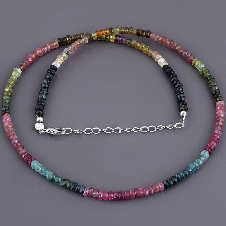 Collar de cuentas rondelle de piedras preciosas multicolores de turmalina facetada natural de 3,5 mm Foto 3 de 4