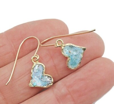 Roman Glass 14 K Gold Plate Heart Hook Earrings Ancient Bluish Fragments 200 B.C