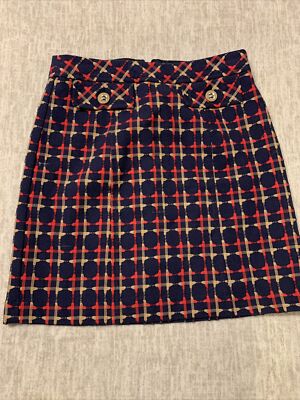 trina turk navy blue red tan plaid cross hatch skirt