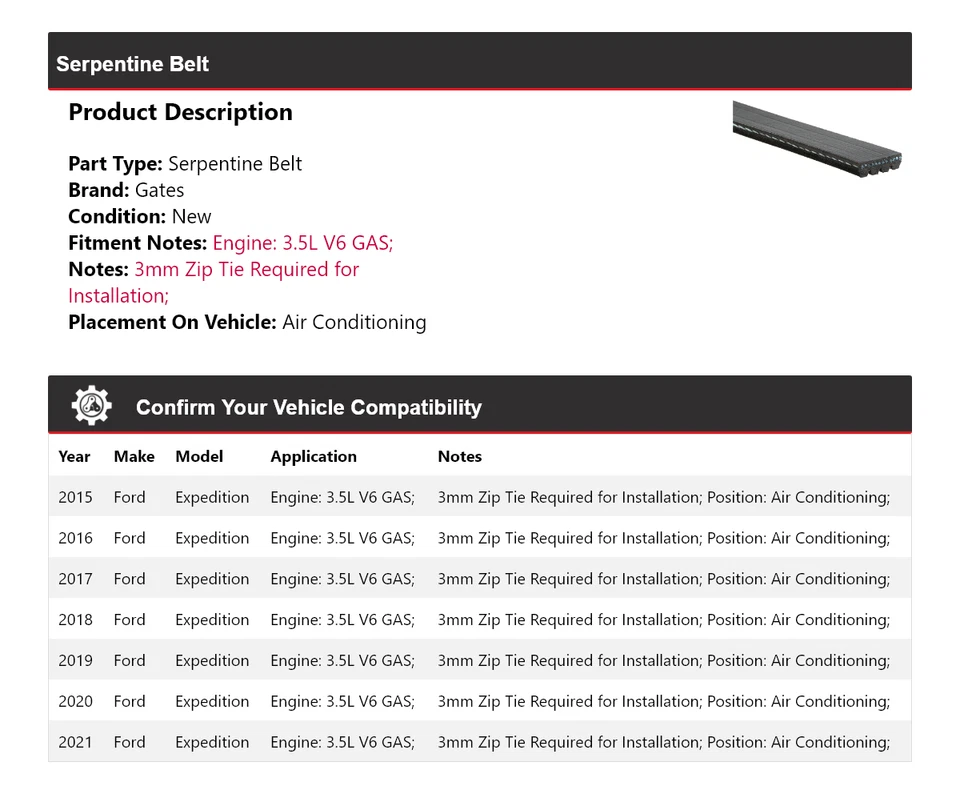 For 2015-2021 Ford Expedition 3.5L V6 GAS Serpentine Belt AC Gates - Image 2 of 4