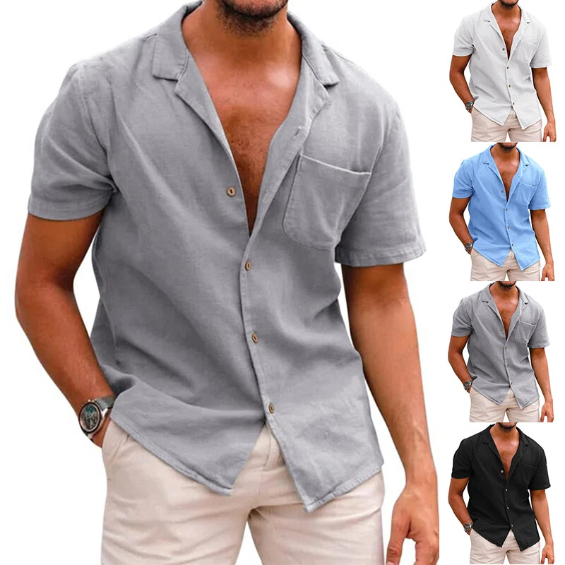 Summer Mens Short Sleeve T-shirt Hawaii Shirts Cotton Linen Button Down  Beach ⭐