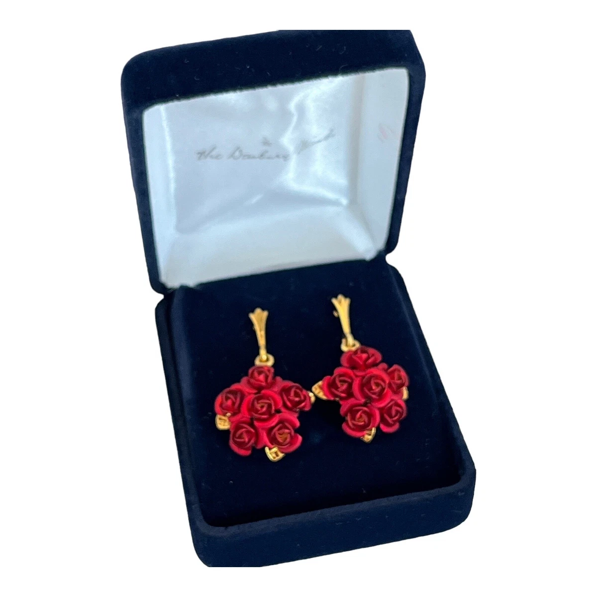 New Danbury Mint Earrings A Dozen Roses Collection Red Roses Gold Plated 4H
