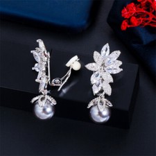 Women No Ear Hole Clip On CZ Zircon Leaf Gray Pearl Drop Earrings Silver Plated