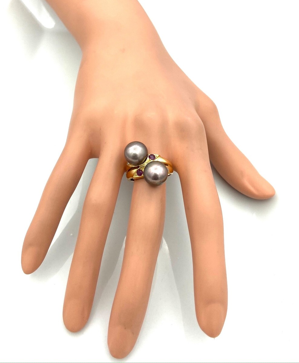 Bague Cocktail Or 18 Carats - Or Blanc, Perles, Rubis Et Diamants 0,20 Ct - Poids 11,82 G, Occasion