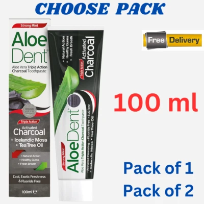 Aloe Dent Aloe vera Triple Action Charcoal Fluoride Free Toothpaste Vegan 100ml